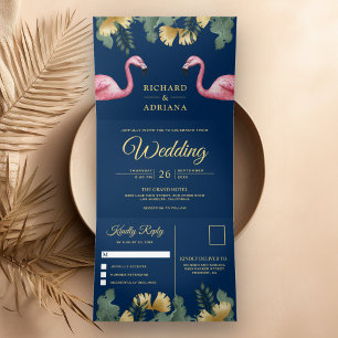 Invitation Trois Volets Tropical Palmier Navy Blue Flamant Rose Couple Mar