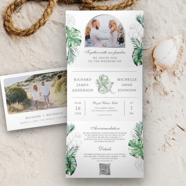 Invitation Trois Volets Tropical Silver Palm Photo QR Code Mariage (Créateur téléchargé)