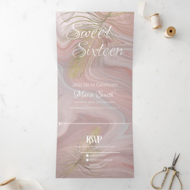 Invitation Trois Volets Tropical Sweet 16 Marbre liquide | Rose pâle (Intérieur)
