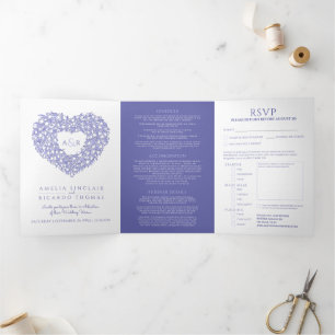 Invitation Trois Volets Tulières blanches coeur bleu monogramme mariage