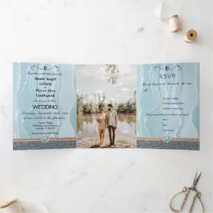 Invitation Trois Volets Turquoise Blue Silk & Foil, Perles orange, Diamond