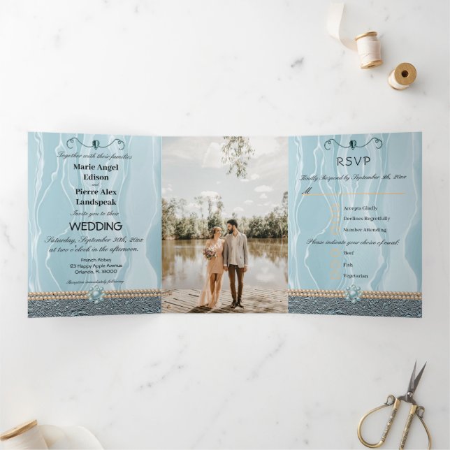 Invitation Trois Volets Turquoise Blue Silk & Foil, Perles orange, Diamond (Intérieur)