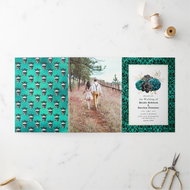 Invitation Trois Volets Turquoise et or Floral Gothique Mariage Photo (Extérieur)