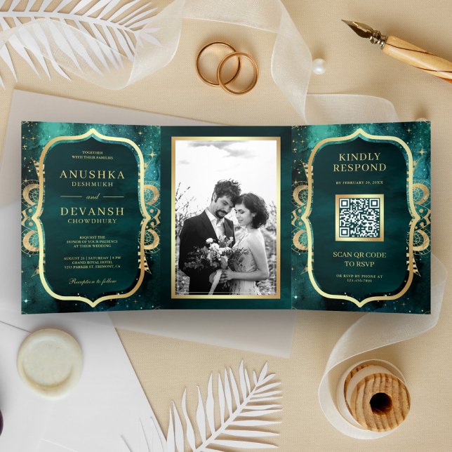 Invitation Trois Volets Turquoise Galaxy Gold Mandala QR Code Mariage indi (Créateur téléchargé)