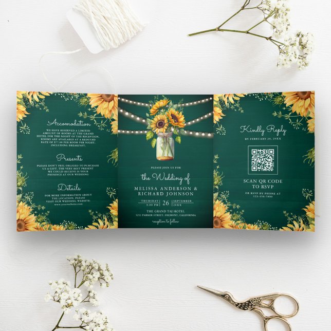 Invitation Trois Volets Turquoise Green Sunflowers Mason Jar QR Code Maria (Créateur téléchargé)