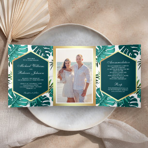 Invitation Trois Volets Turquoise Green Tropical Palm Monstera Feuille Mar