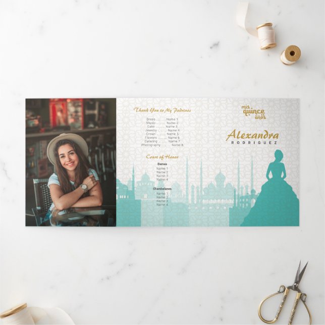 Invitation Trois Volets Turquoise & Or Robe de Quinceañera Arabe pour Phot (Extérieur)