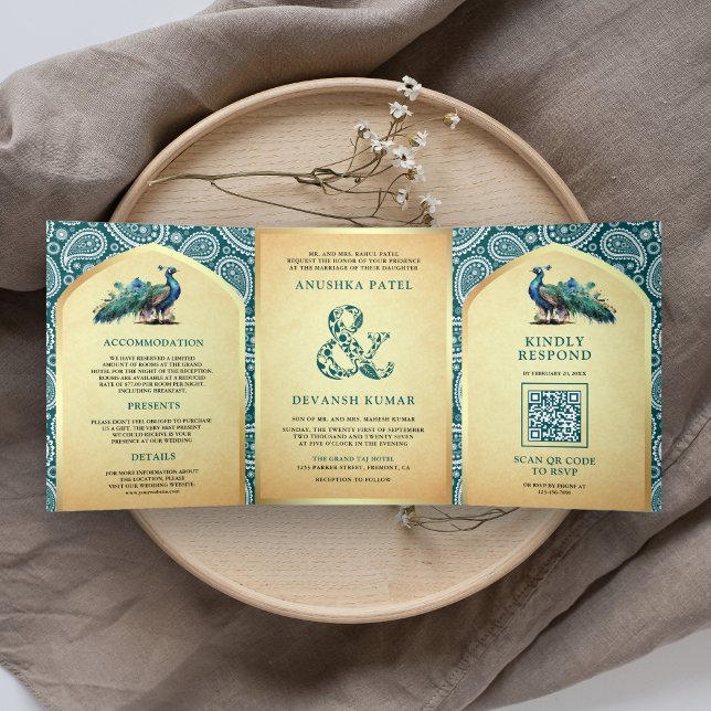 Invitation Trois Volets Turquoise Paisley Indian Peacock Code QR Mariage (Créateur téléchargé)