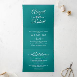 Invitation Trois Volets Typographie blanche moderne turquoise bleu mariage