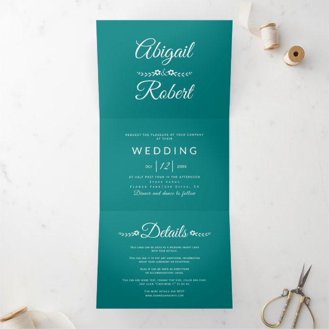 Invitation Trois Volets Typographie blanche moderne turquoise bleu mariage (Intérieur)