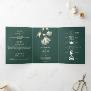 Invitation Trois Volets Typographie moderne Emerald Green Botanical Mariag