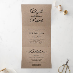 Invitation Trois Volets Typographie noire papier kraft mariage rustique