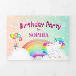 Invitation Trois Volets Unicorn Parties scintillant Arc-en-ciel Enfants d'
