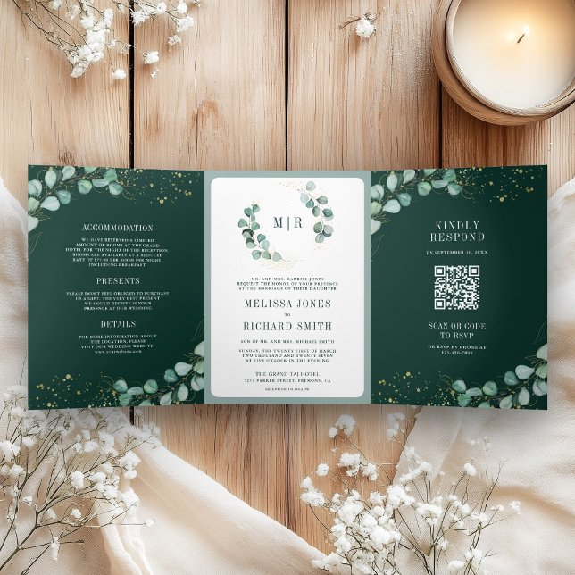 Invitation Trois Volets Végétation Eucalyptus Vert Émeraude Code QR Mariag (Créateur téléchargé)