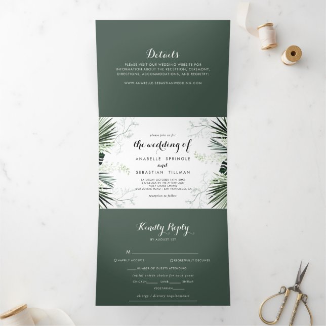 Invitation Trois Volets Végétation tropicale Blanc Floral Mariage (Intérieur)