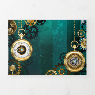 Invitation Trois Volets Veille bijoux Steampunk sur un Arrière - plan vert