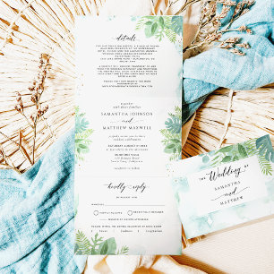 Invitation Trois Volets Verdure, Aquarelle bleu vert avec Mariage RSVP