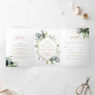Invitation Trois Volets Verdure Aquarelle Or Script Mariage Photo