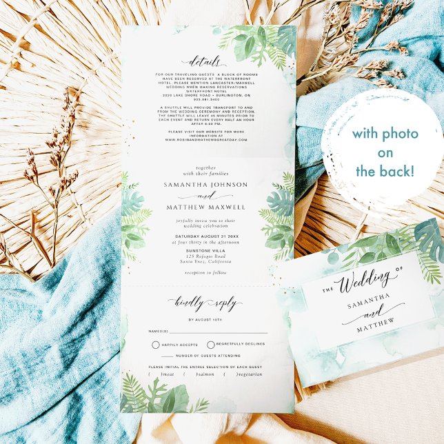 Invitation Trois Volets Vert bleu avec RSVP, Mariage photo (Créateur téléchargé)