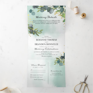 Invitation Trois Volets Vert d'eucalyptus bleu Mariage 3 en 1