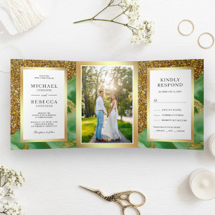 Invitation Trois Volets Vert Menthe Marbre Paillettes Or Photo Mariage