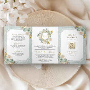 Invitation Trois Volets Vert sauge ivoire floral mariage tout en un Crest