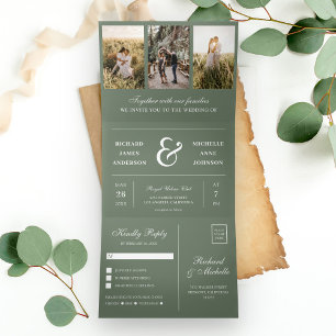 Invitation Trois Volets Vert sauge minimal 3 en 1 Mariage Photo Collage