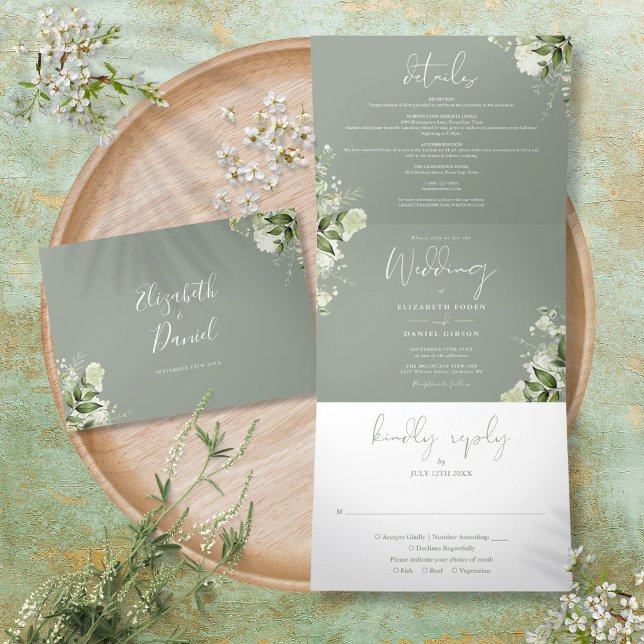 Invitation Trois Volets Vert sauge Moderne Photo de mariage de botanique d (Sage Green Modern Botanical Greenery Photo Wedding Tri-Fold Invitation)