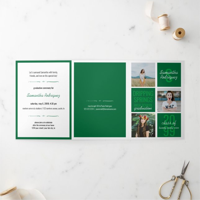 Invitation Trois Volets Verte 5-Photo Boîtes de divertissement Graduation (Extérieur)