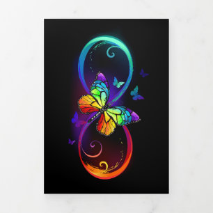 Invitation Trois Volets Vibrant infinity with rainbow butterfly on black
