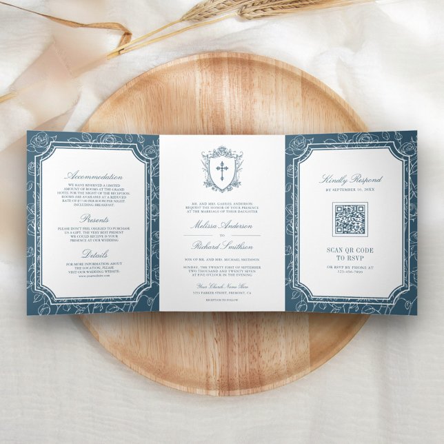 Invitation Trois Volets Victorian Dusty Bleu catholique QR Code Mariage (Créateur téléchargé)