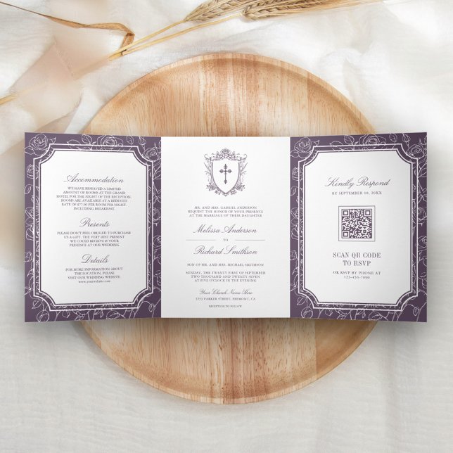 Invitation Trois Volets Victorian Dusty violet catholique QR Code Mariage (Créateur téléchargé)