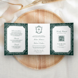 Invitation Trois Volets Victorian Emerald Green catholique QR Code Mariage