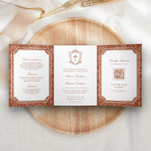 Invitation Trois Volets Victorien Mariage Catholique Code QR en Terracotta