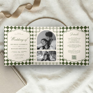 Invitation Trois Volets Vieux Argent Vert Olive Ivoire À Carreaux Mariage