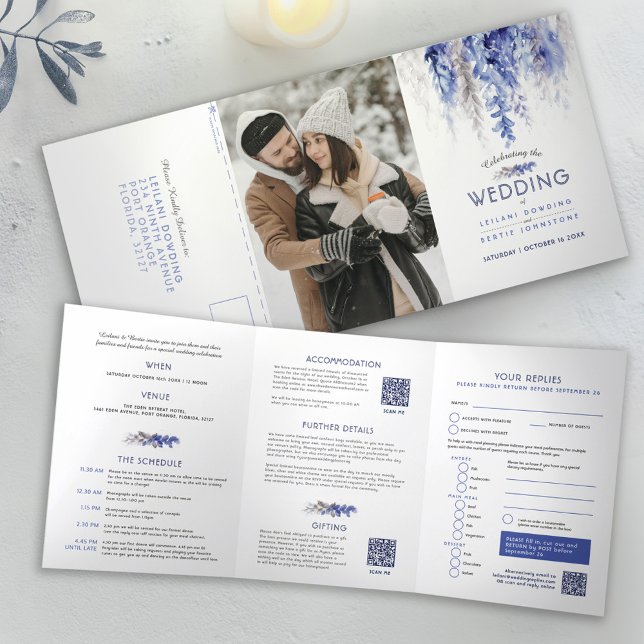 Invitation Trois Volets Vignes d'automne bleu gris aquarelle mariage tout- (Créateur téléchargé)