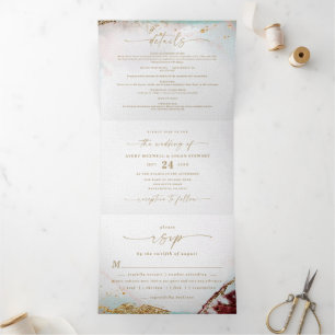 Invitation Trois Volets Vin Abstrait moderne Rouge & Or Mariage d'hiver