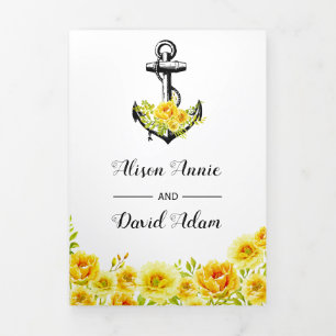 Invitation Trois Volets Vintage ancre fleurs jaunes mariage nautique