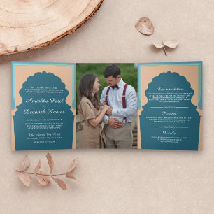 Invitation Trois Volets Vintage Bleu traditionnel Mariage d'arche indienne