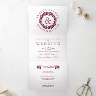 Invitation Trois Volets Vintage bordeaux rose couronne blanc mariage