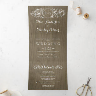 Invitation Trois Volets Vintage cadre fleuri, mariage en bois gris brun