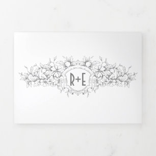Invitation Trois Volets Vintage crête héraldique grise, initiales mariage