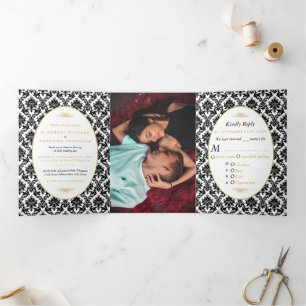 Invitation Trois Volets Vintage Gold, Black & White Mariage damassé Suite
