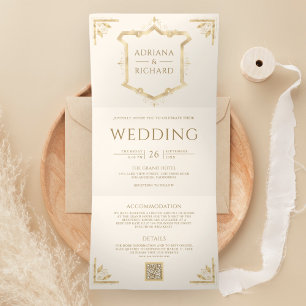 Invitation Trois Volets Vintage Gold Crest QR Code Cream Mariage
