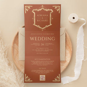 Invitation Trois Volets Vintage Gold Crest QR Code Mariage Terracotta