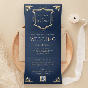 Invitation Trois Volets Vintage Gold Crest QR Code Marine Blue Mariage