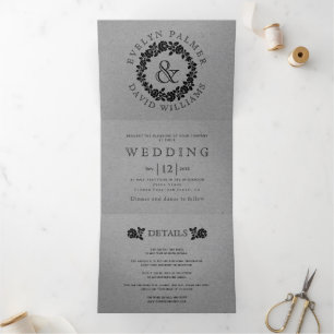 Invitation Trois Volets Vintage rose noir gris kraft mariage en carton