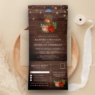 Invitation Trois Volets Vintage Rustique Pays Floral Mariage de lanterne e