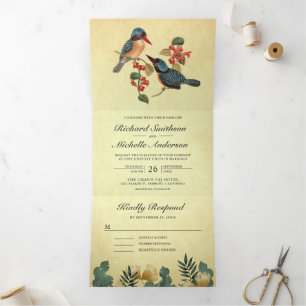 Invitation Trois Volets Vintage Rustique Romantique  à deux Mariages