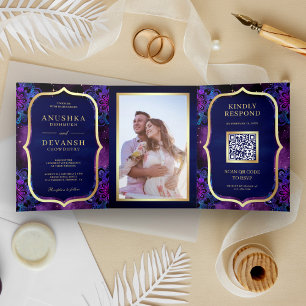 Invitation Trois Volets Violet Galaxy bleu Mandala QR Code Mariage indien